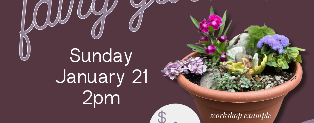 Make your own Fairy Garden workshop. Sunday January 21 at 2PM. $40 registration fee. Sign up now!