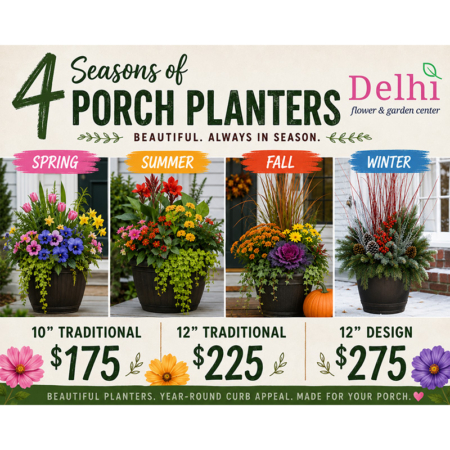 4 colorful seasonal planters labeled spring, summer, fall and winter; with pricing for three available sizes. Text reads 4 Seasons of Porch Planters: Beautiful Planters. Year-Round Curb Appeal. Made for Your Porch.