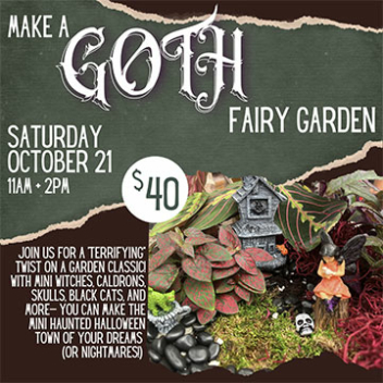 Make a Goth Fairy Garden. Saturday October 21st. 11AM & 2PM.