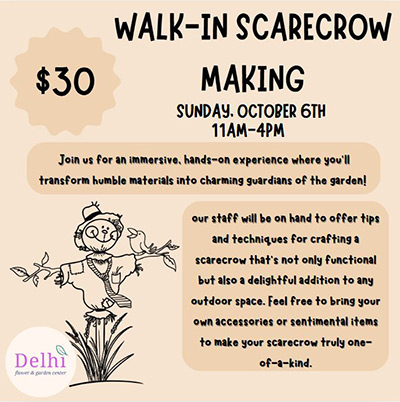 Walk in any time from 11AM to 4PM on Sunday October 6th for a scarecrow making session! No registration necessary but $30 to participate.