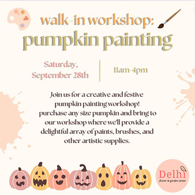 Join us any time from 11am to 4pm on Saturday, September 28th for a walk-in pumpkin painting workshop! More details.